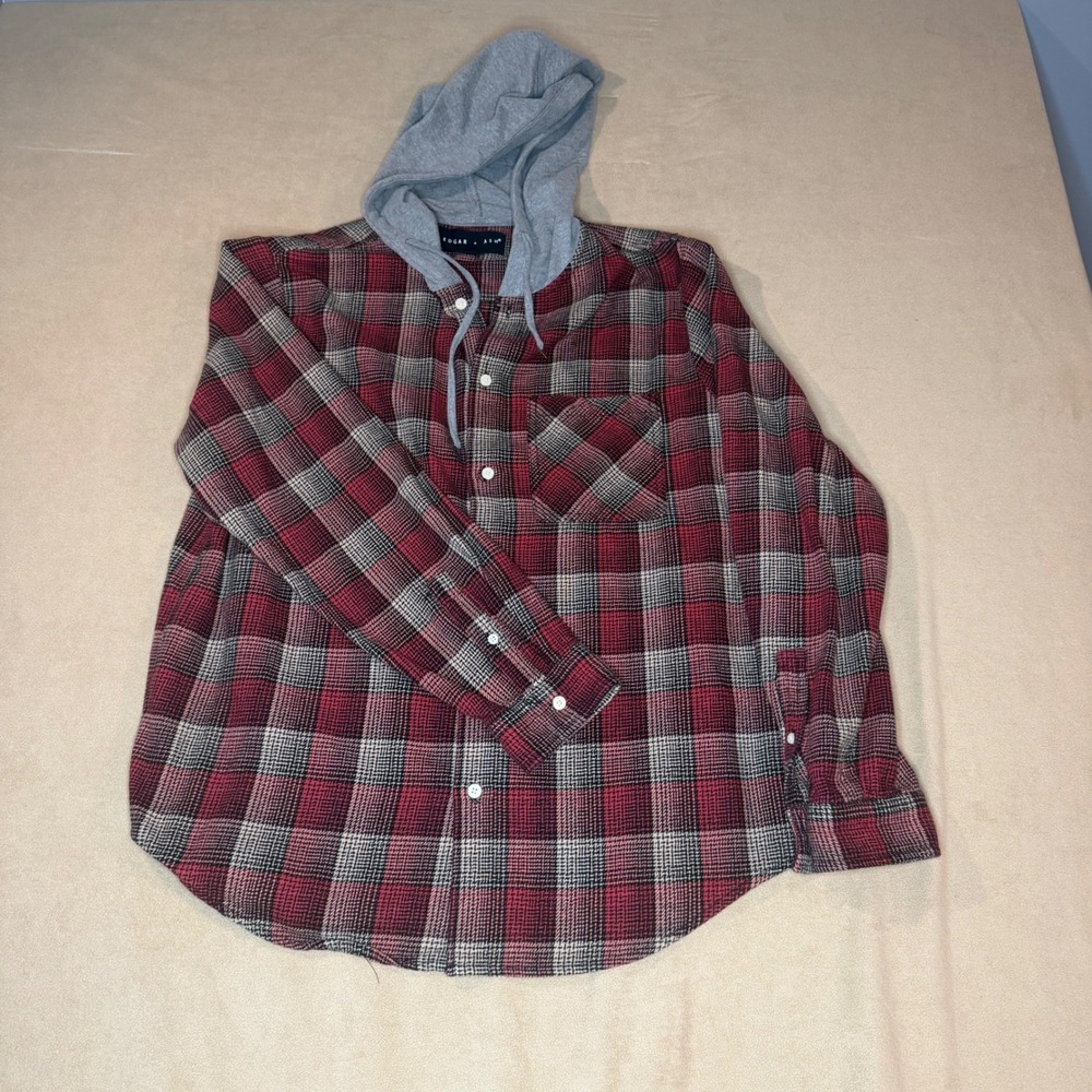 Edgar + Ash Mens Red Plaid Hooded Flannel Shirt Long Sleeve Button Down Large